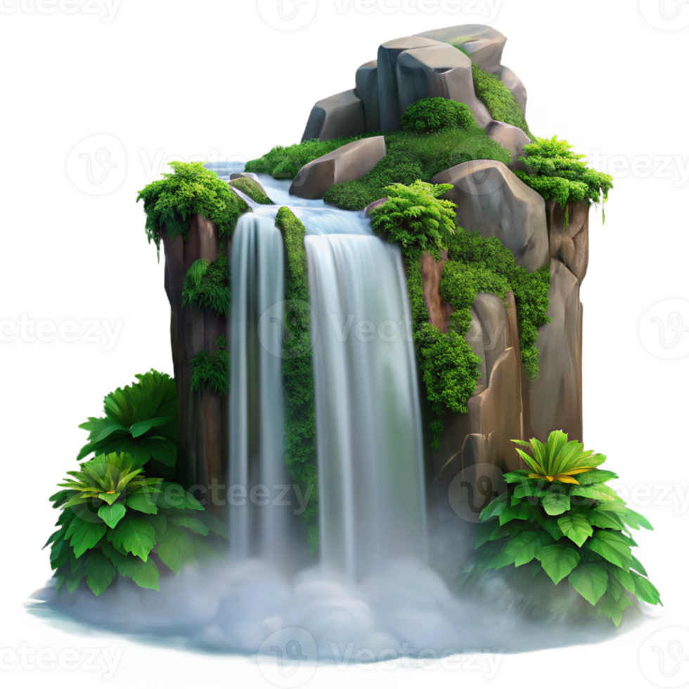 impressive modern Waterfall cascading down a cliff face, mist rising, long exposure photography, lush green foliage, exclusive png