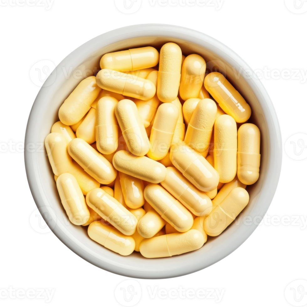 Medicine Yellow Pills in Bowl on transparent Background. png
