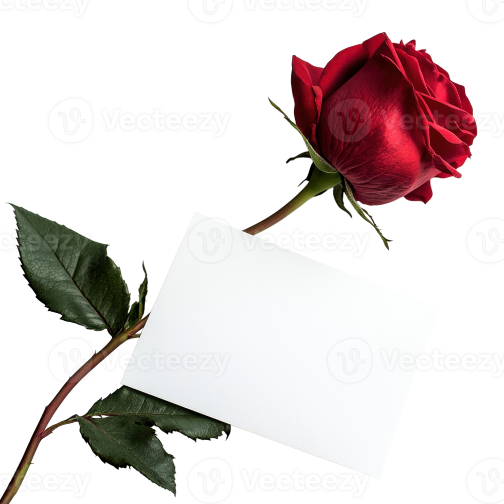 Red Rose Beside Blank Card on transparent Background. png