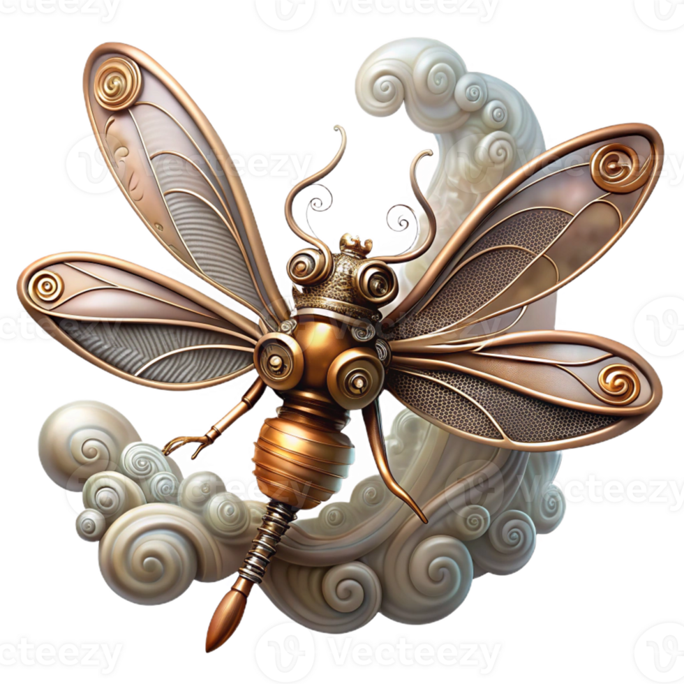 elegant modern A steampunk inspired mechanical dragonfly with delicate filigree wings, hovering amidst swirling steam, soft, ethereal lighting original png