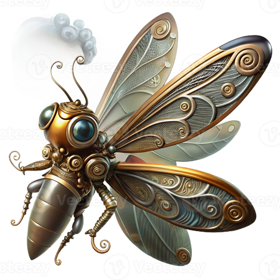 dramatic creative A steampunk inspired mechanical dragonfly with delicate filigree wings, hovering amidst swirling steam, soft, ethereal lighting exclusive png