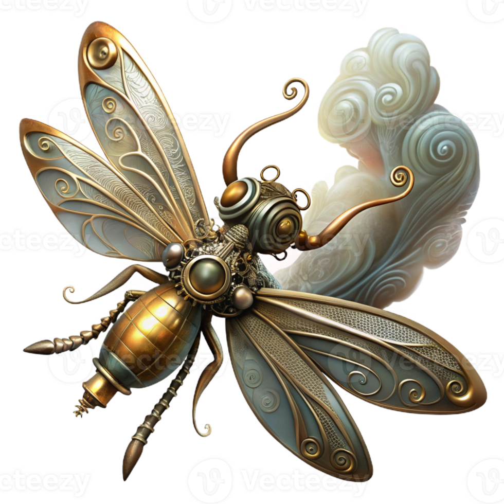 wonderful creative A steampunk inspired mechanical dragonfly with delicate filigree wings, hovering amidst swirling steam, soft, ethereal lighting detailed png