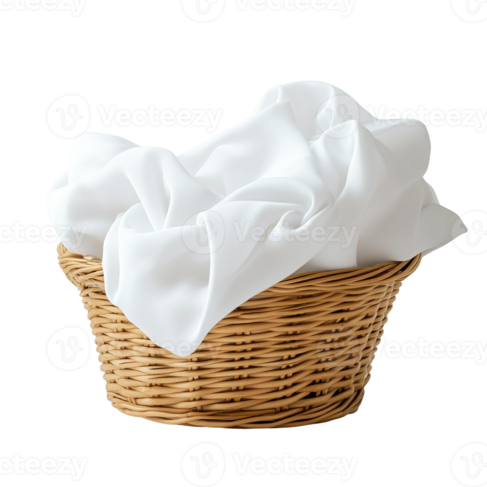 White Cloth in Wicker Basket on transparent Background. png
