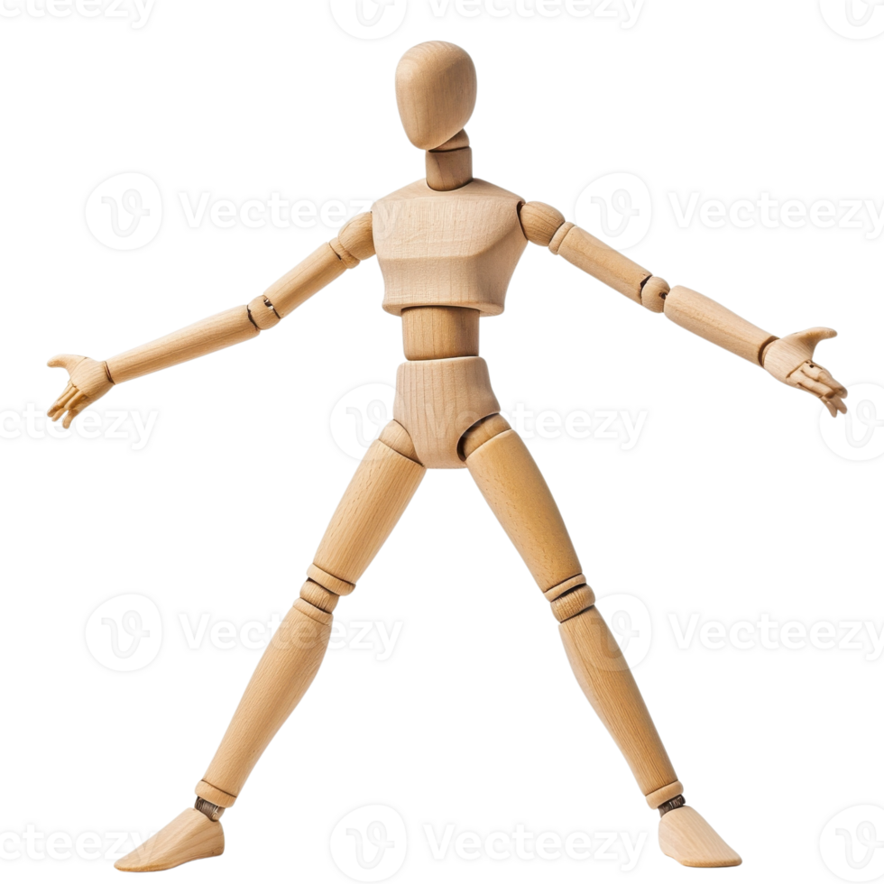 Wooden Mannequin Art Concept Pose on transparent Background. png
