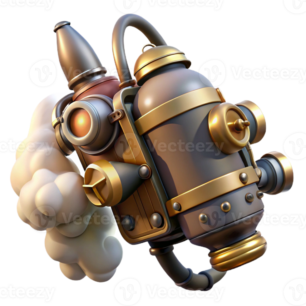 serene rustic A steampunk jetpack with intricate pipes and valves, emitting plumes of smoke, dynamic, action-oriented pose original png