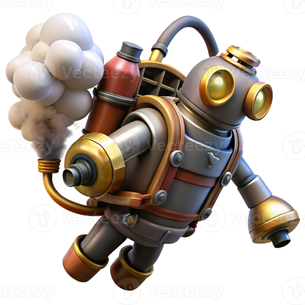 vibrant traditional A steampunk jetpack with intricate pipes and valves, emitting plumes of smoke, dynamic, action-oriented pose high quality png