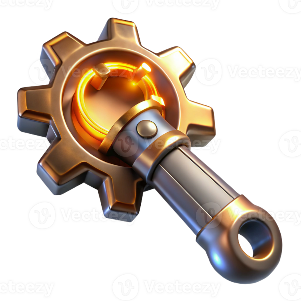 dramatic abstract A steampunk wrench with intricate gears and glowing runes, highly polished metallic finish, dramatic spotlighting genuine png