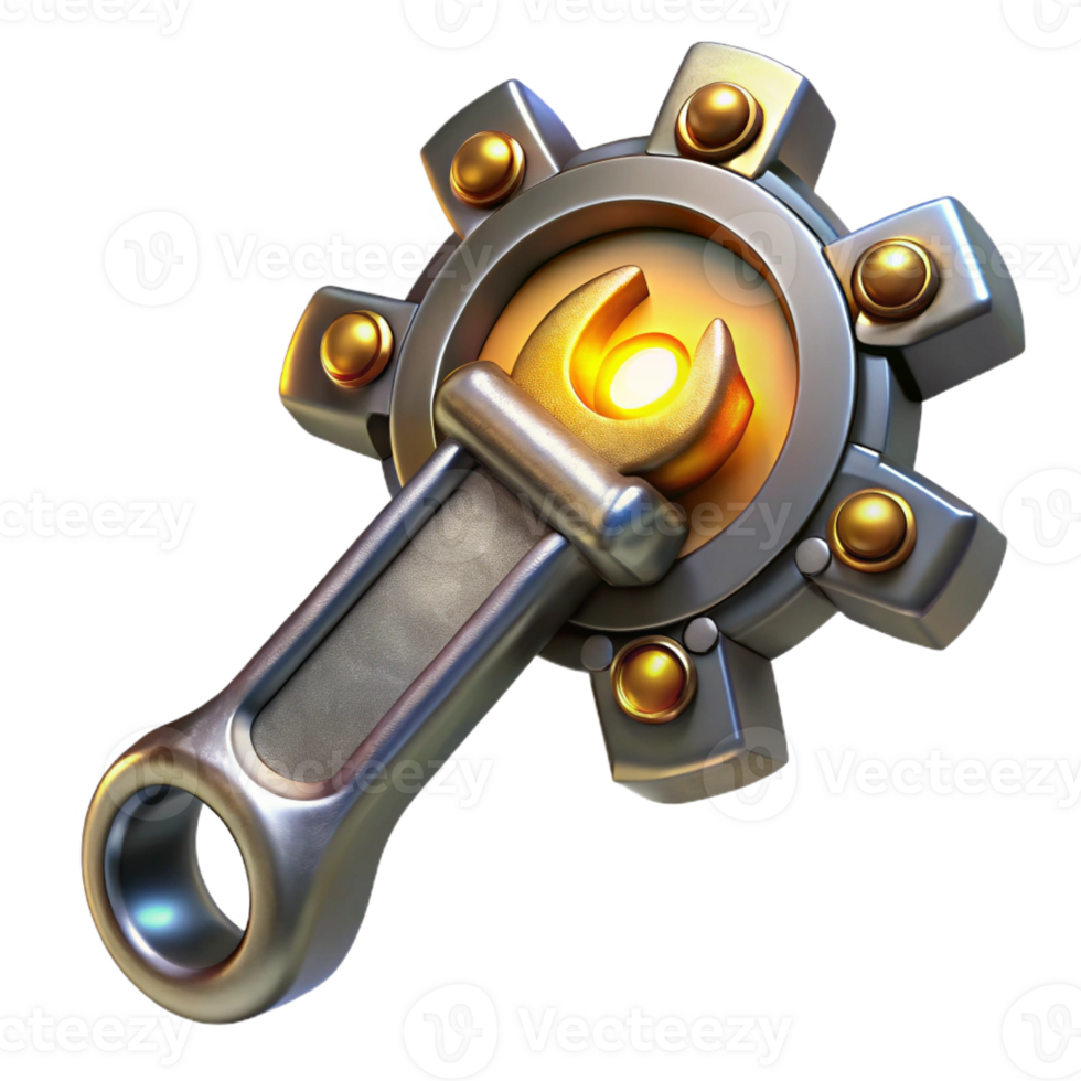 elegant creative A steampunk wrench with intricate gears and glowing runes, highly polished metallic finish, dramatic spotlighting authentic png