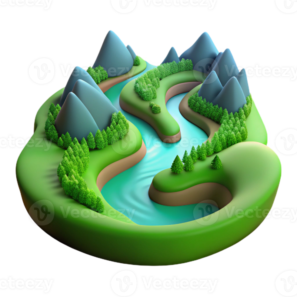 wonderful minimalist A winding river flowing through a valley, aerial view, lush green landscape, panoramic, 4K png