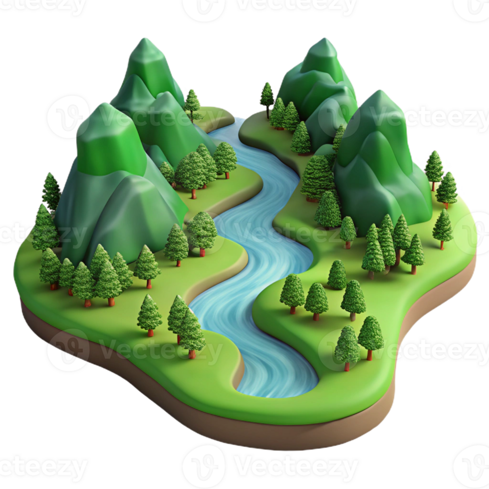impressive rustic A winding river flowing through a valley, aerial view, lush green landscape, panoramic, premium png