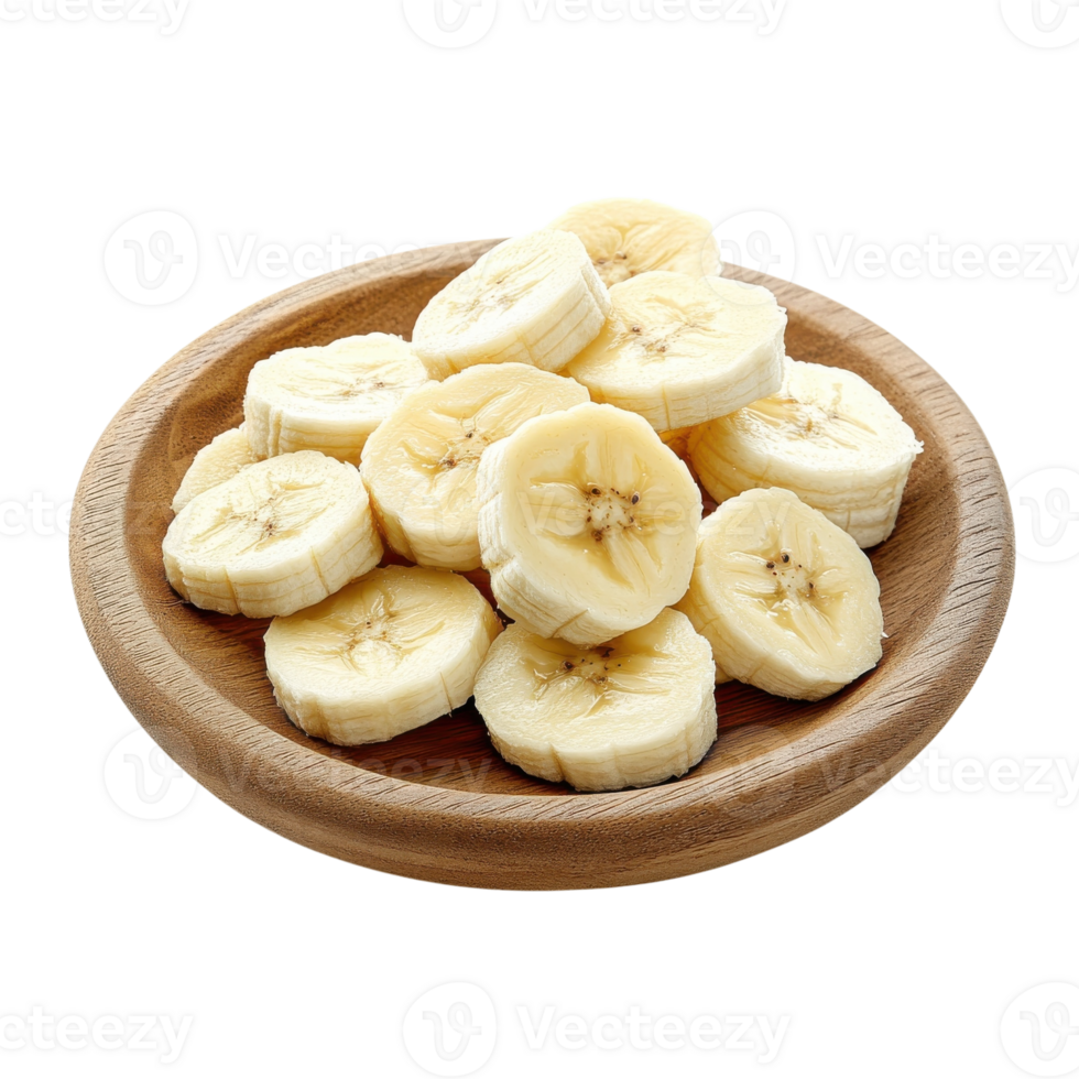 Sliced Banana on Rustic Wooden Plate on transparent Background. png