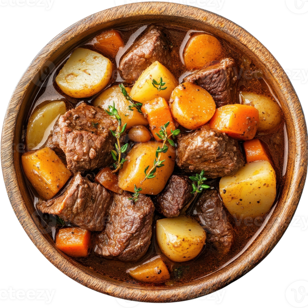 Beef Stew Recipe Tender Meat and Potatoes on transparent Background. png