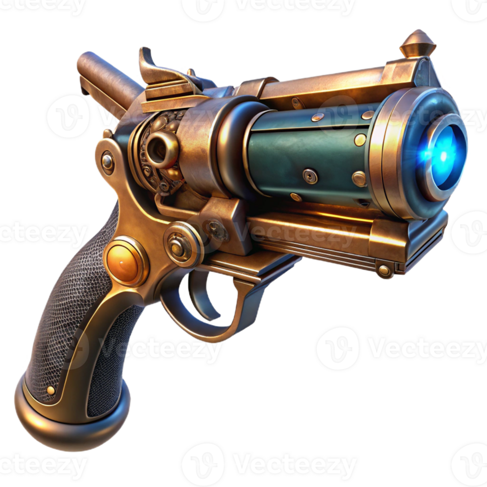 stunning classic A steampunk pistol with intricate engravings and a glowing barrel, dark and moody lighting original png