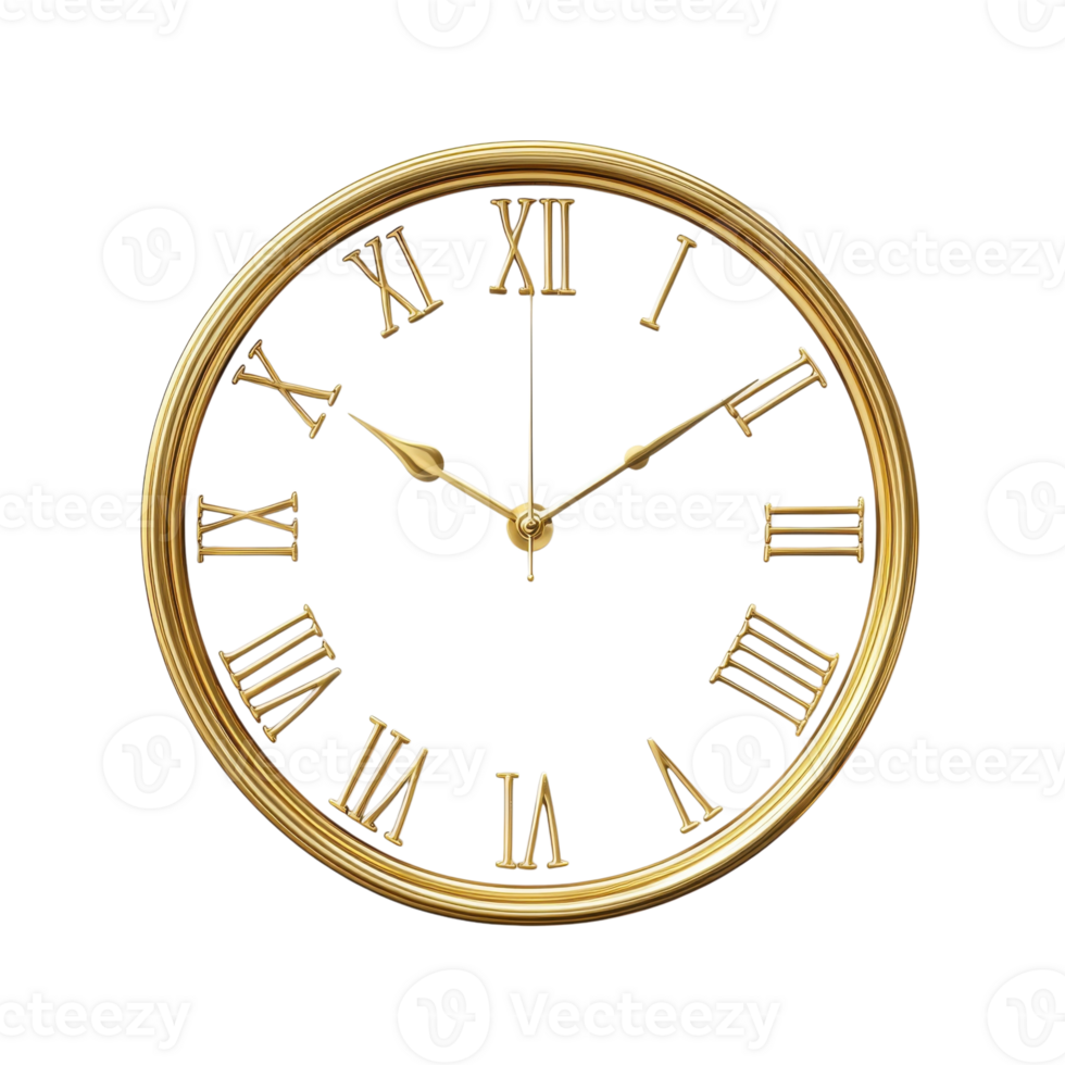 Elegant Gold Frame Clock on transparent Background. png