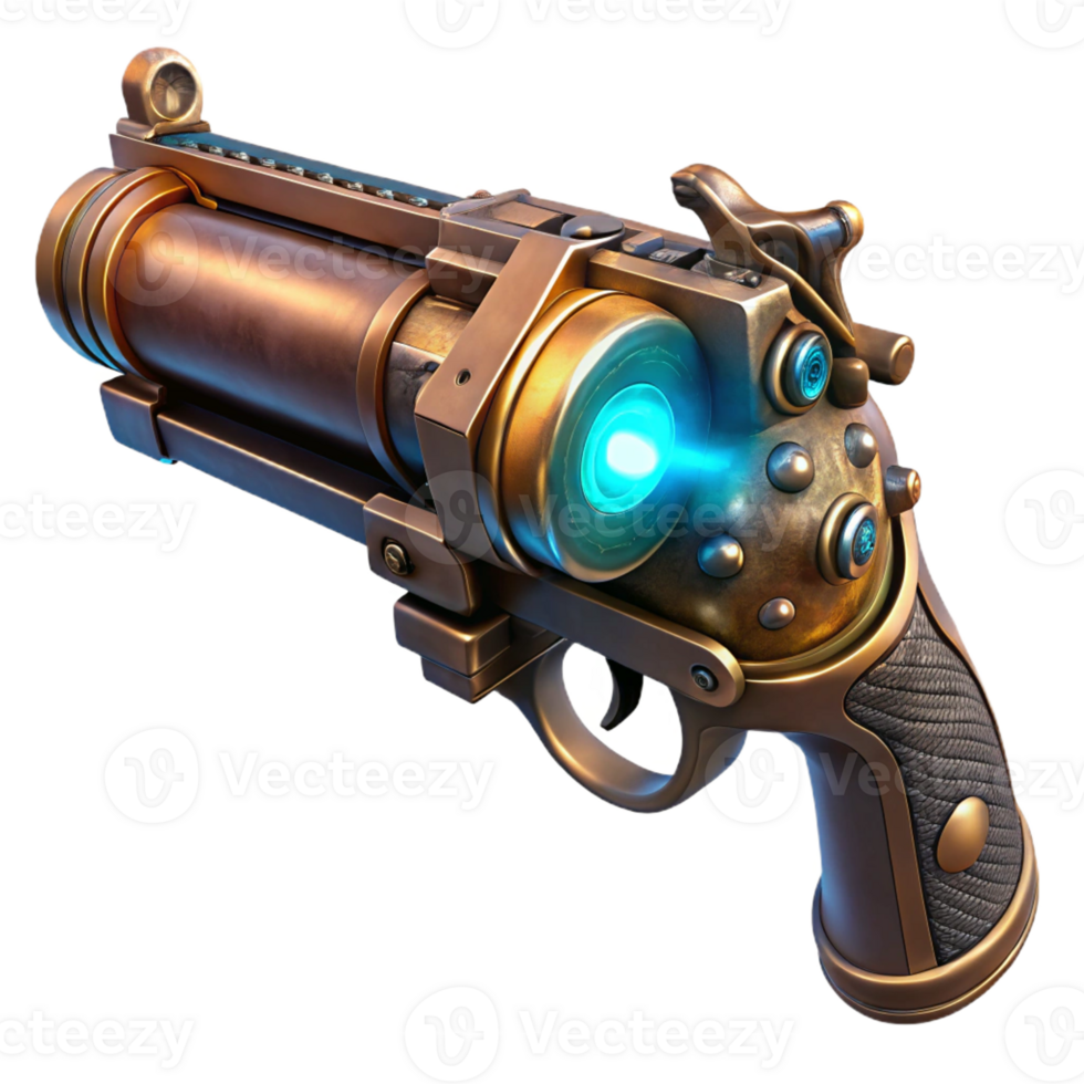 elegant modern A steampunk pistol with intricate engravings and a glowing barrel, dark and moody lighting authentic png