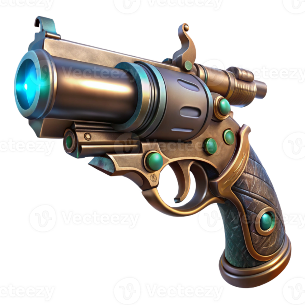 magnificent contemporary A steampunk pistol with intricate engravings and a glowing barrel, dark and moody lighting authentic png
