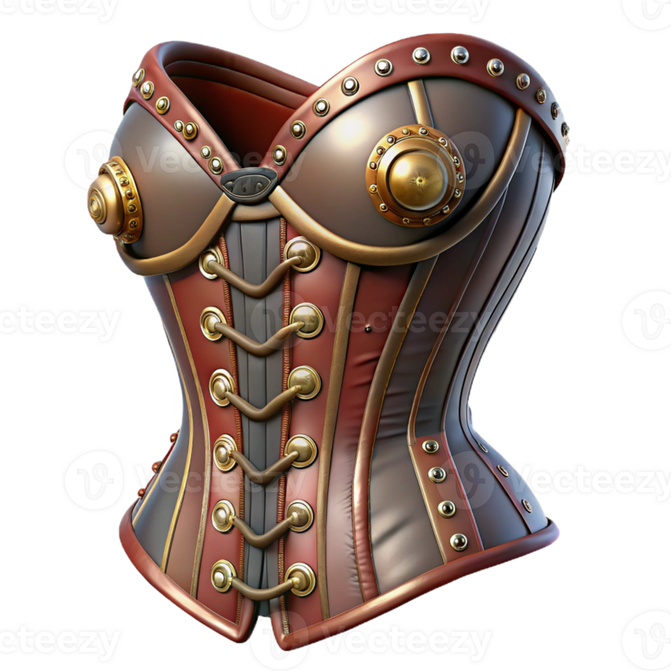 stunning modern A steampunk corset with intricate lacing and metallic embellishments, soft, diffused lighting exclusive png