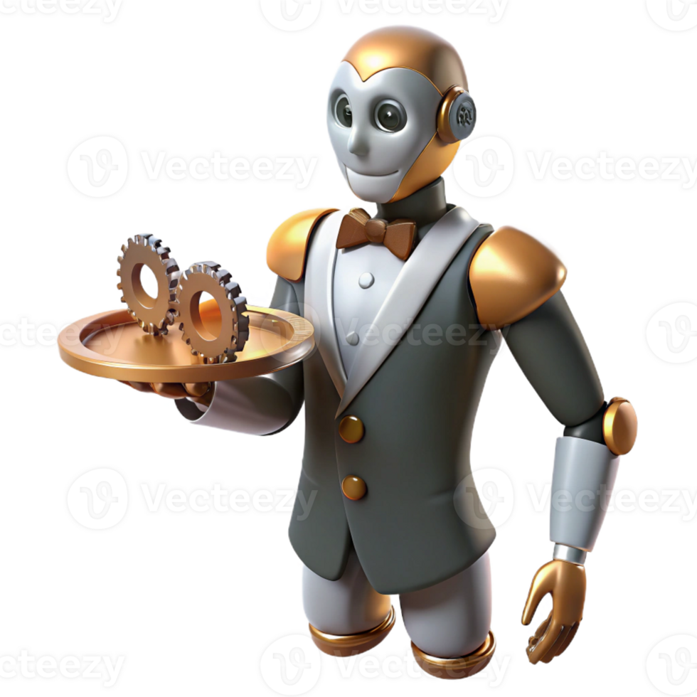 dramatic minimalist A steampunk robot butler holding a tray of gears and cogs, soft, diffused lighting, humorous style authentic png