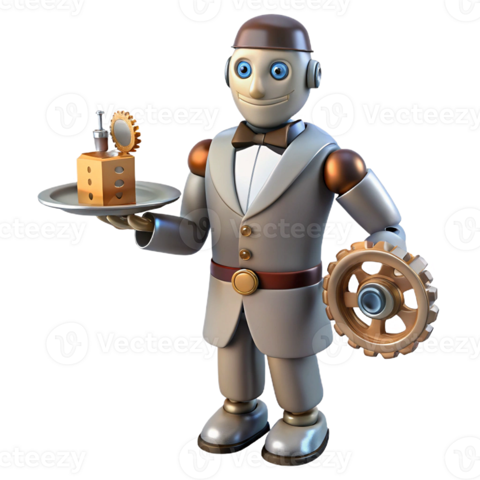 beautiful abstract A steampunk robot butler holding a tray of gears and cogs, soft, diffused lighting, humorous style high resolution png