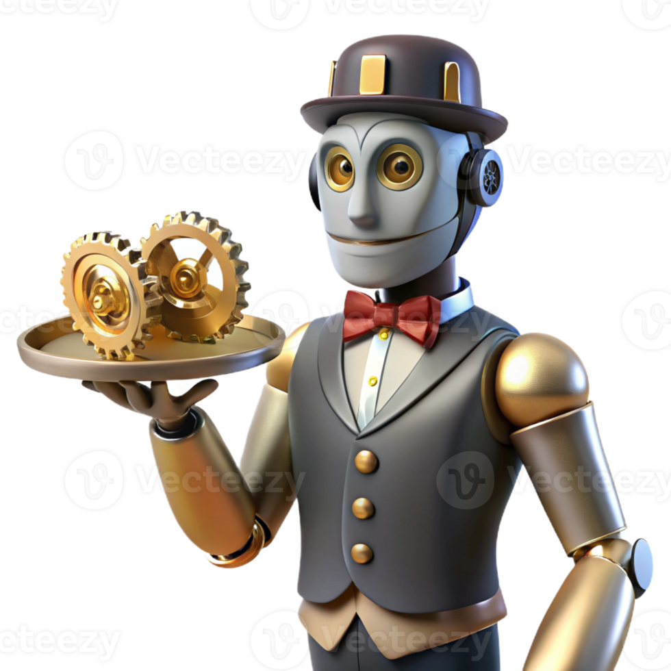 serene modern A steampunk robot butler holding a tray of gears and cogs, soft, diffused lighting, humorous style exclusive png