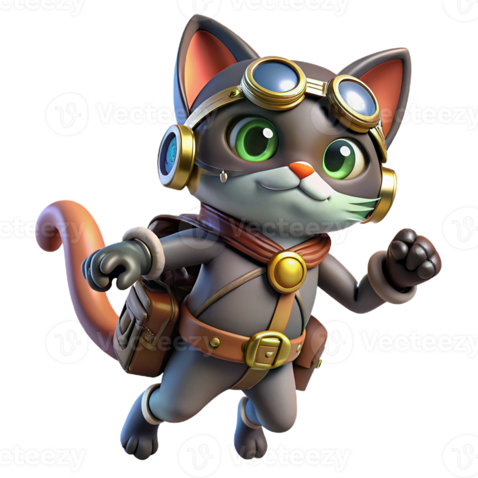stunning modern A steampunk cat wearing goggles and a miniature jetpack, dynamic, playful pose original png