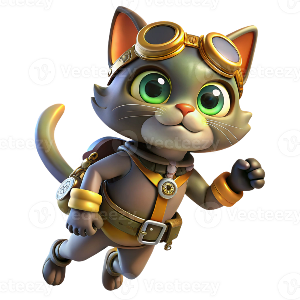 elegant contemporary A steampunk cat wearing goggles and a miniature jetpack, dynamic, playful pose authentic png