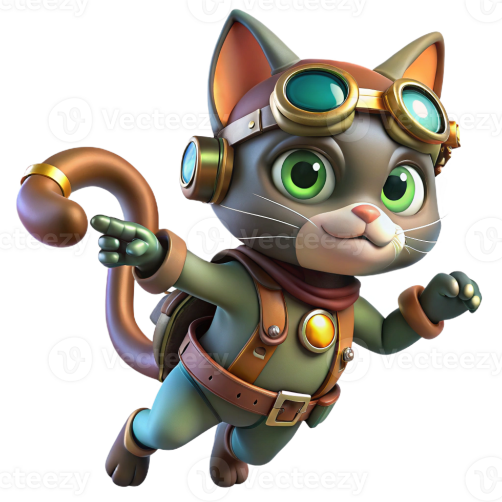 serene artistic A steampunk cat wearing goggles and a miniature jetpack, dynamic, playful pose original png
