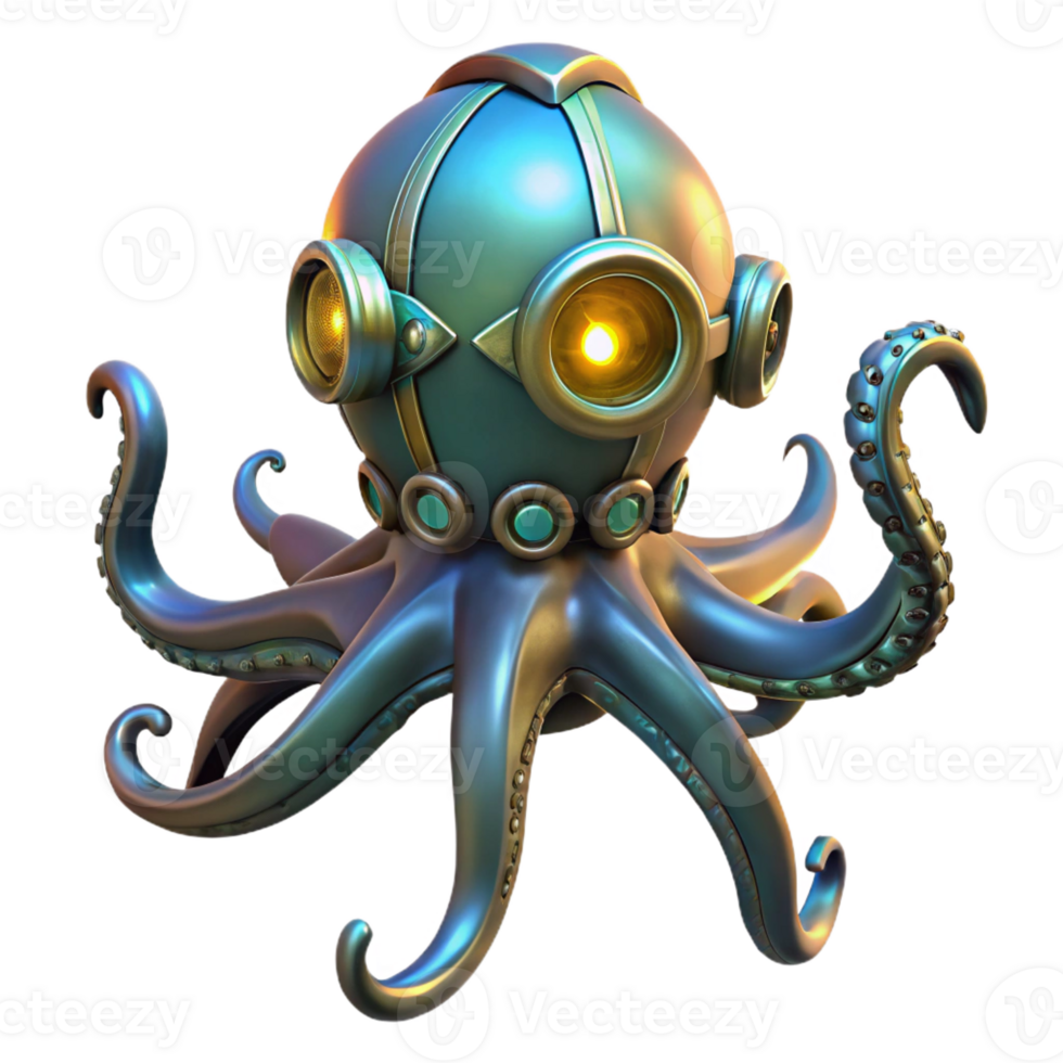 magnificent vintage A steampunk octopus with metallic tentacles and glowing eyes, deep sea, bioluminescent lighting high resolution png