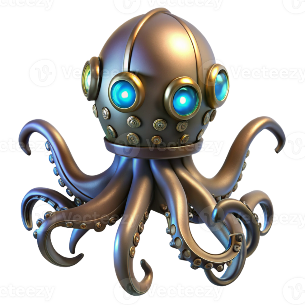 serene traditional A steampunk octopus with metallic tentacles and glowing eyes, deep sea, bioluminescent lighting genuine png