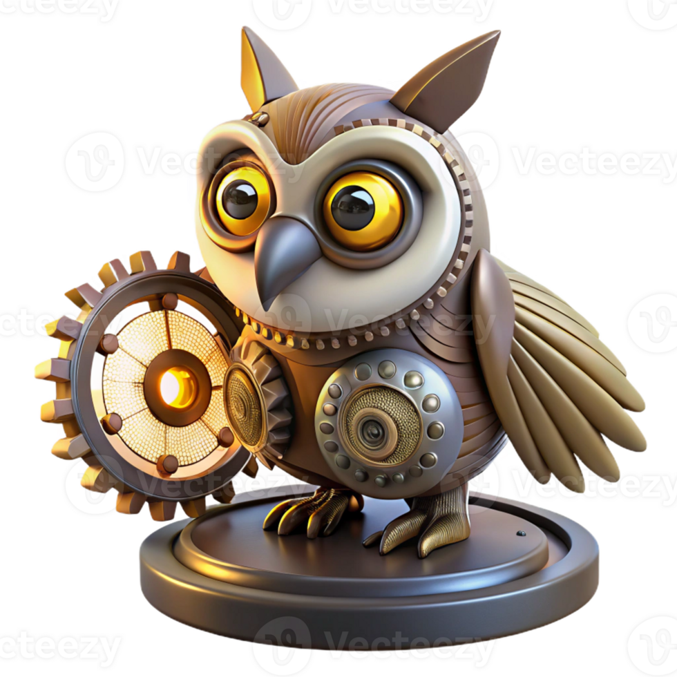 dramatic abstract A steampunk owl with intricate clockwork feathers and glowing eyes, perched on a gear, mysterious lighting exclusive png