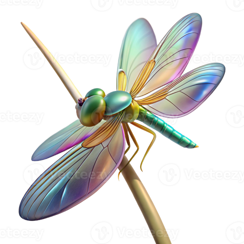 serene artistic Close-up of a dragonfly perched on a reed, iridescent wings, macro photography, natural light, professional png