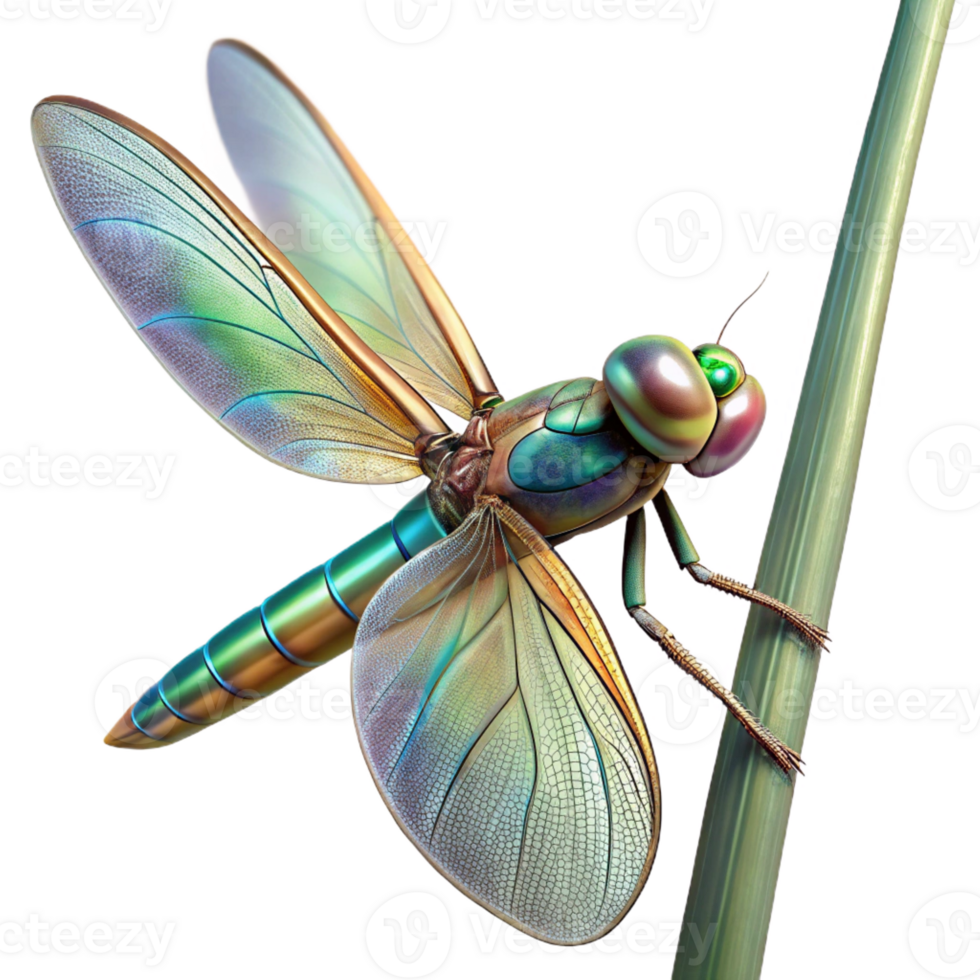 beautiful rustic Close-up of a dragonfly perched on a reed, iridescent wings, macro photography, natural light, detailed png