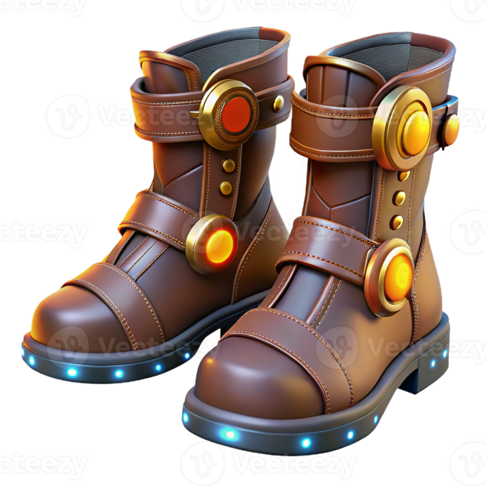 dramatic modern Steampunk boots with intricate buckles and glowing soles, highly polished leather finish, dramatic spotlighting high resolution png