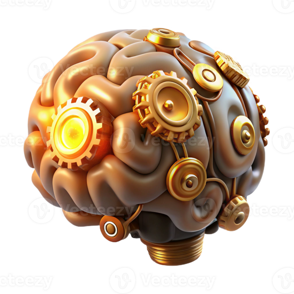 wonderful minimalist Steampunk brain with intricate gears and glowing synapses, scientific and mysterious lighting genuine png