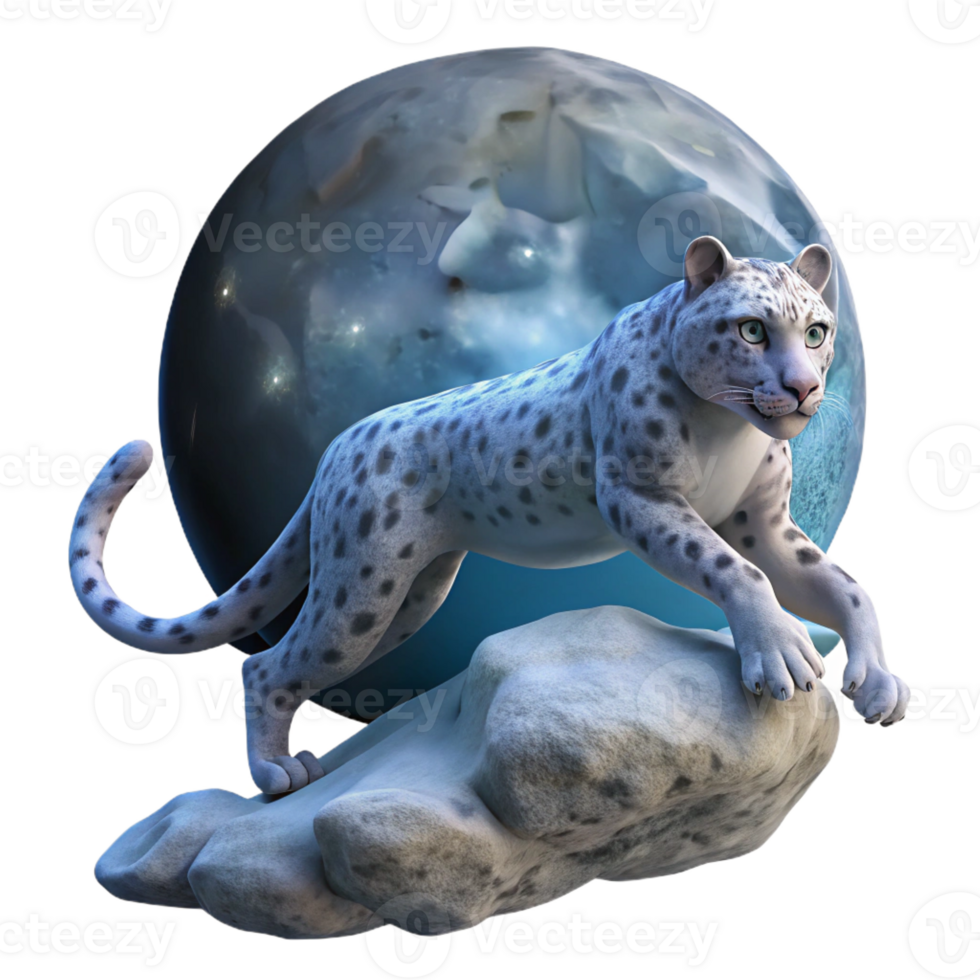 magnificent contemporary A majestic snow leopard leaping across a chasm, illuminated by a full moon, rendered in a hyperrealistic style genuine png