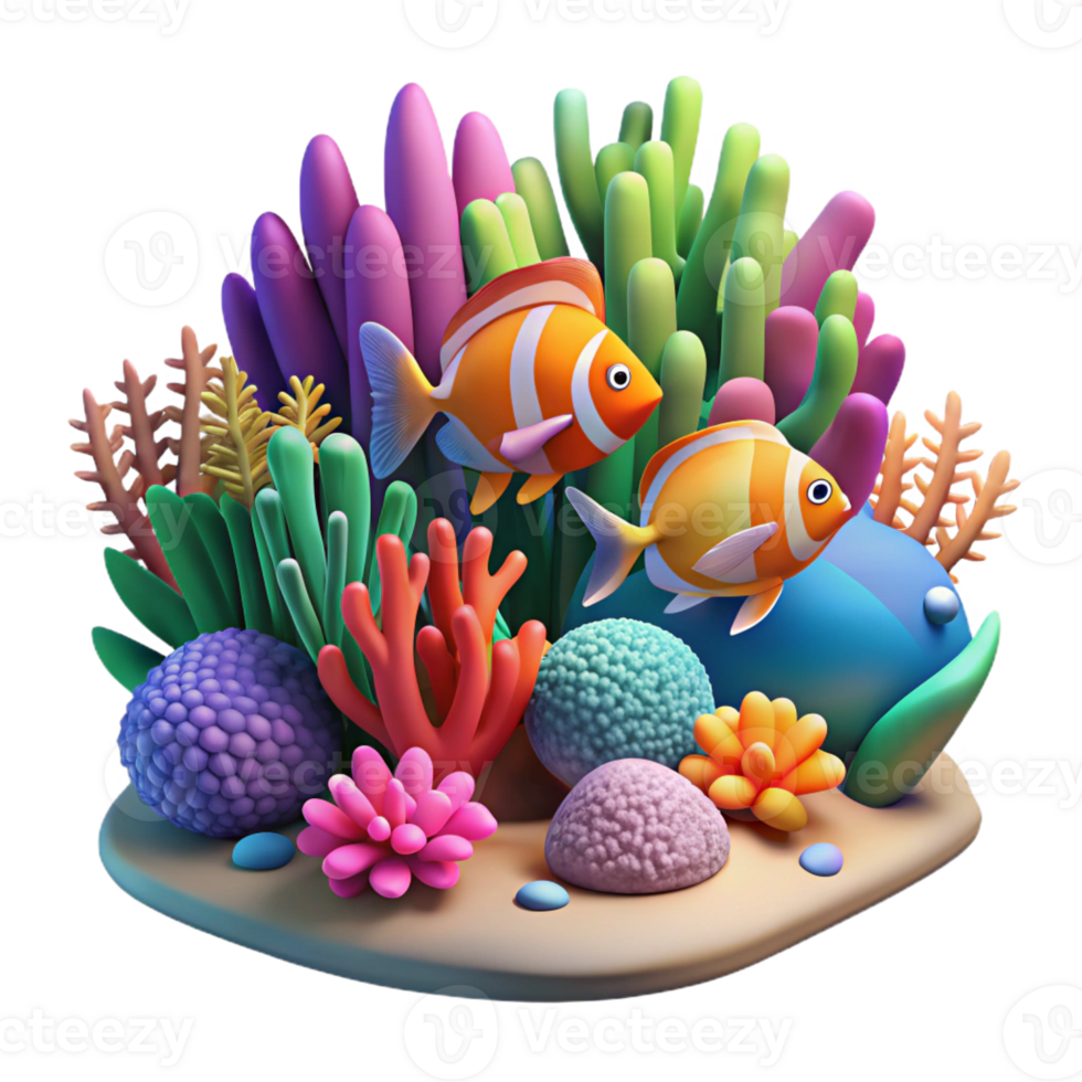 wonderful contemporary A vibrant coral reef teeming with colorful fish, illuminated by dappled underwater sunlight, illustrated in a vibrant, graphic style exclusive png