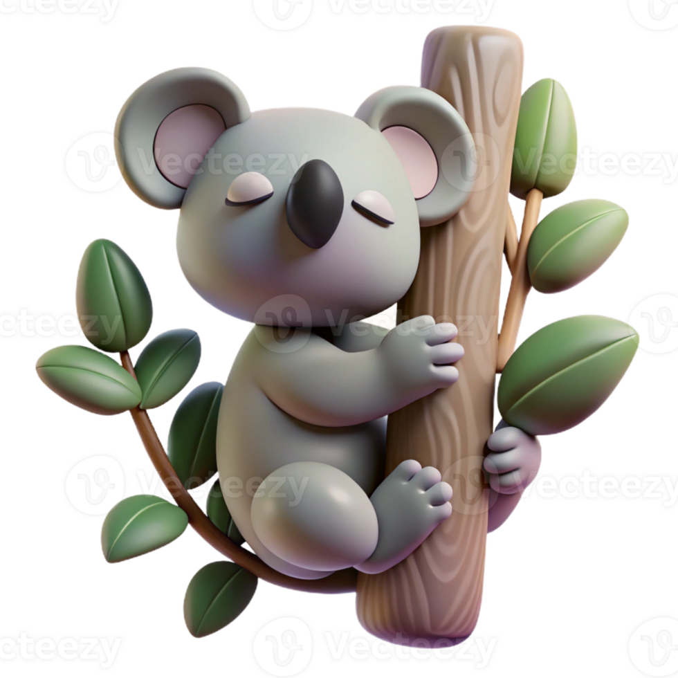 dramatic minimalist A sleepy koala clinging to a eucalyptus tree, shrouded in the cool mist of a rainforest, painted in a soft, pastel style high quality png