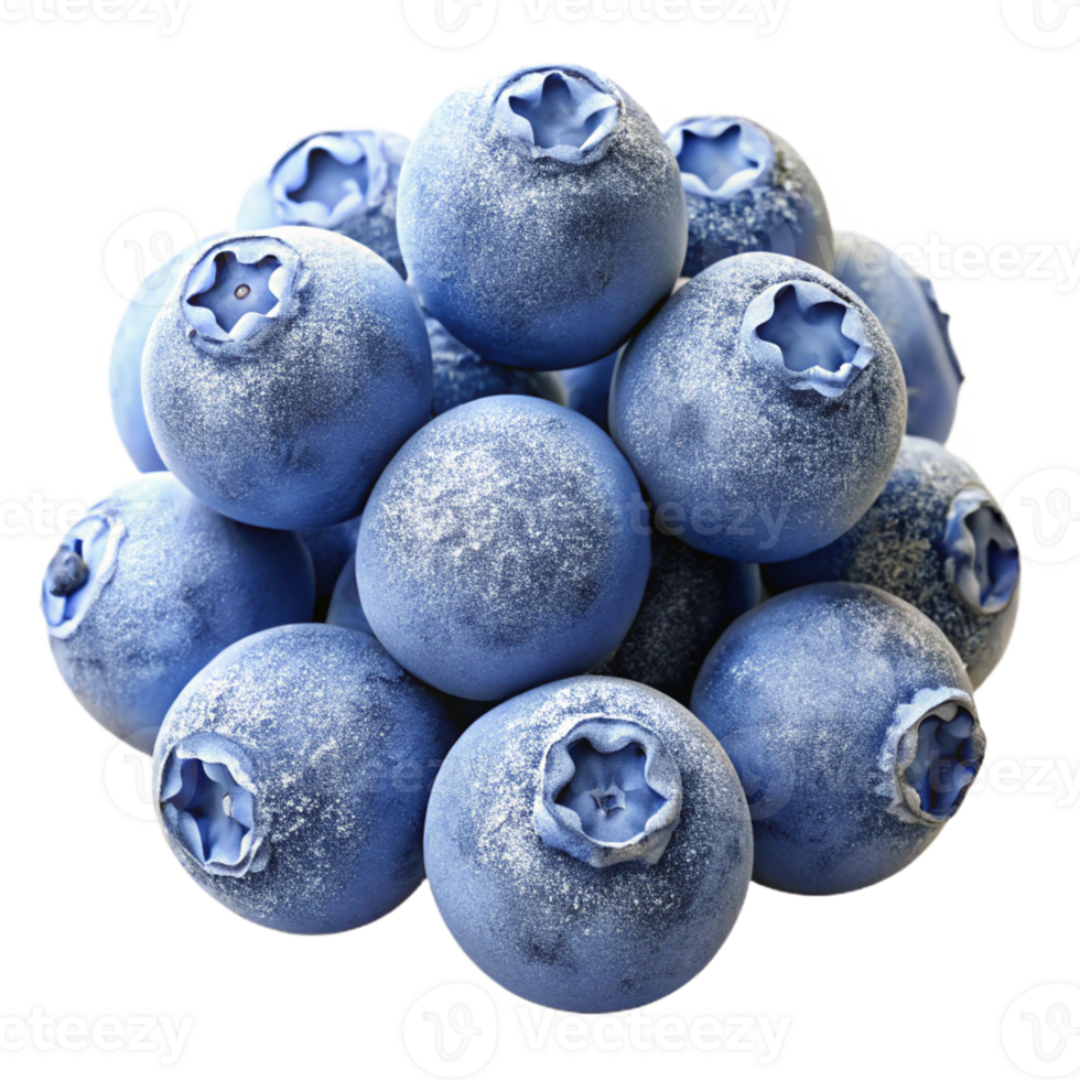 magnificent rustic A cluster of ripe blueberries covered in frost, macro photography, deep blue and icy white color palette, dramatic chiaroscuro lighting high quality png