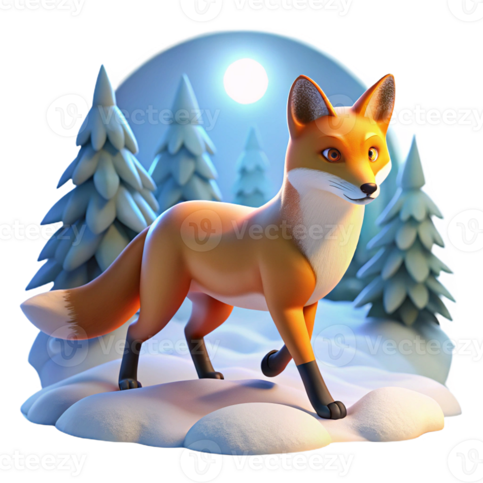 dramatic vintage A sly fox trotting through a snow-covered forest, illuminated by the ethereal glow of moonlight, painted in a classic, romantic style premium png