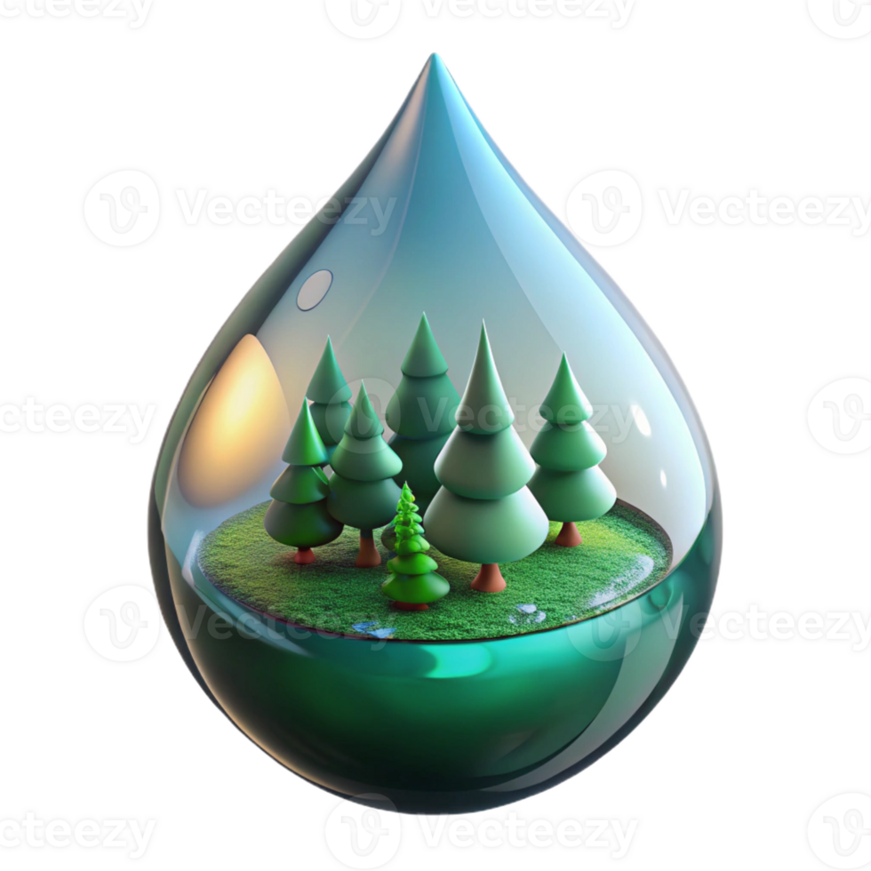 vibrant modern A dewdrop reflecting a miniature forest scene, macro photography, spherical distortion, cool, muted colors exclusive png