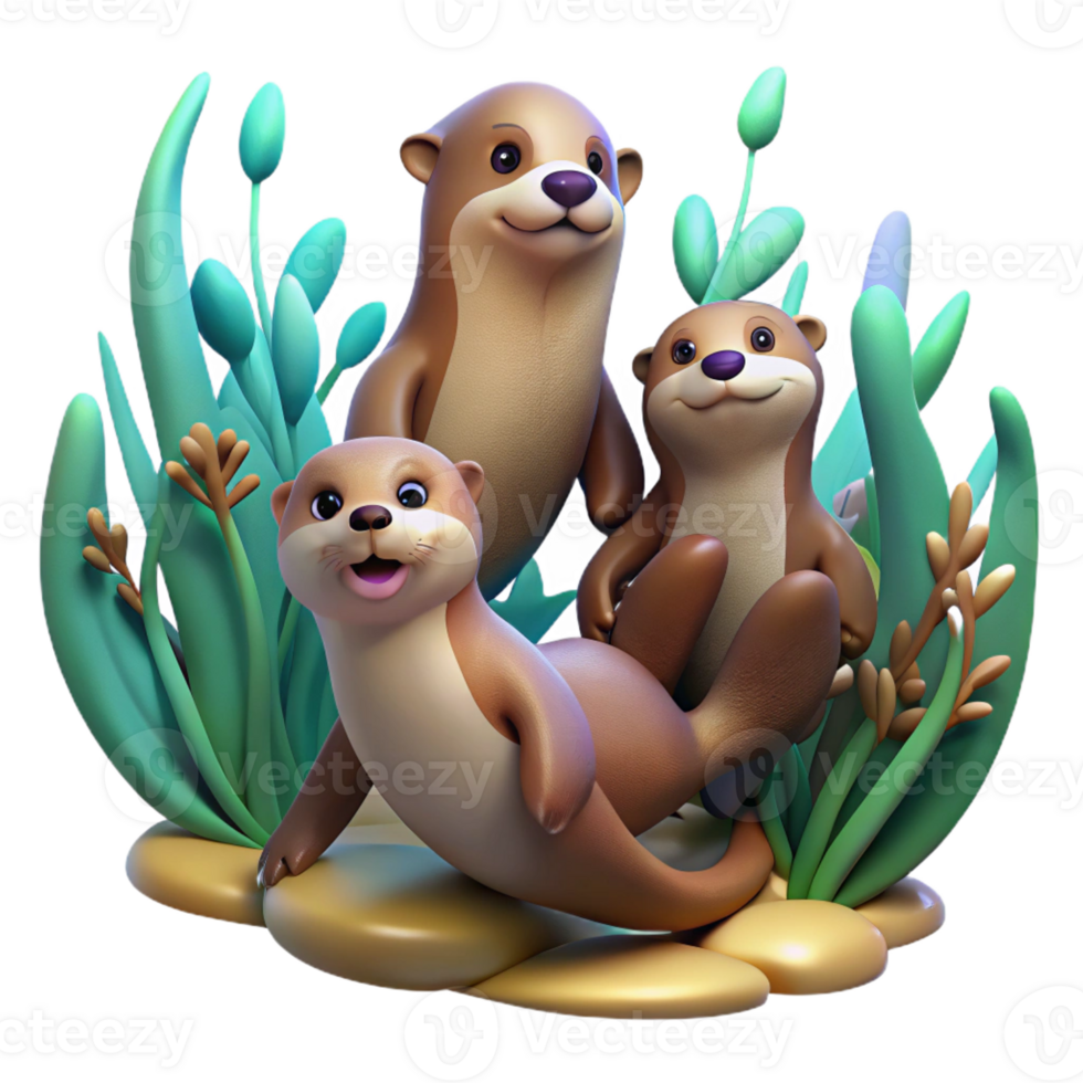 extraordinary abstract A family of playful otters frolicking in kelp forests, lit by filtered sunlight, rendered in a vibrant, underwater photography style detailed png