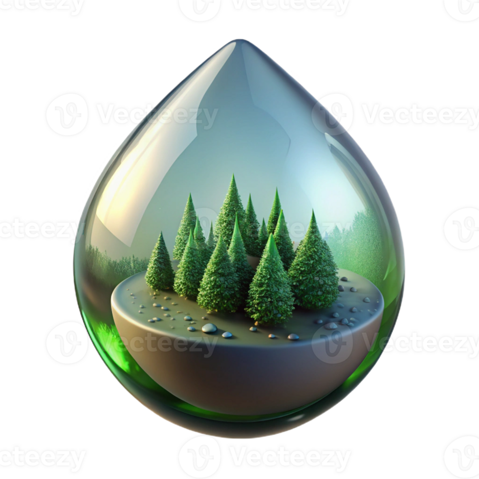 wonderful abstract A dewdrop reflecting a miniature forest scene, macro photography, spherical distortion, cool, muted colors detailed png