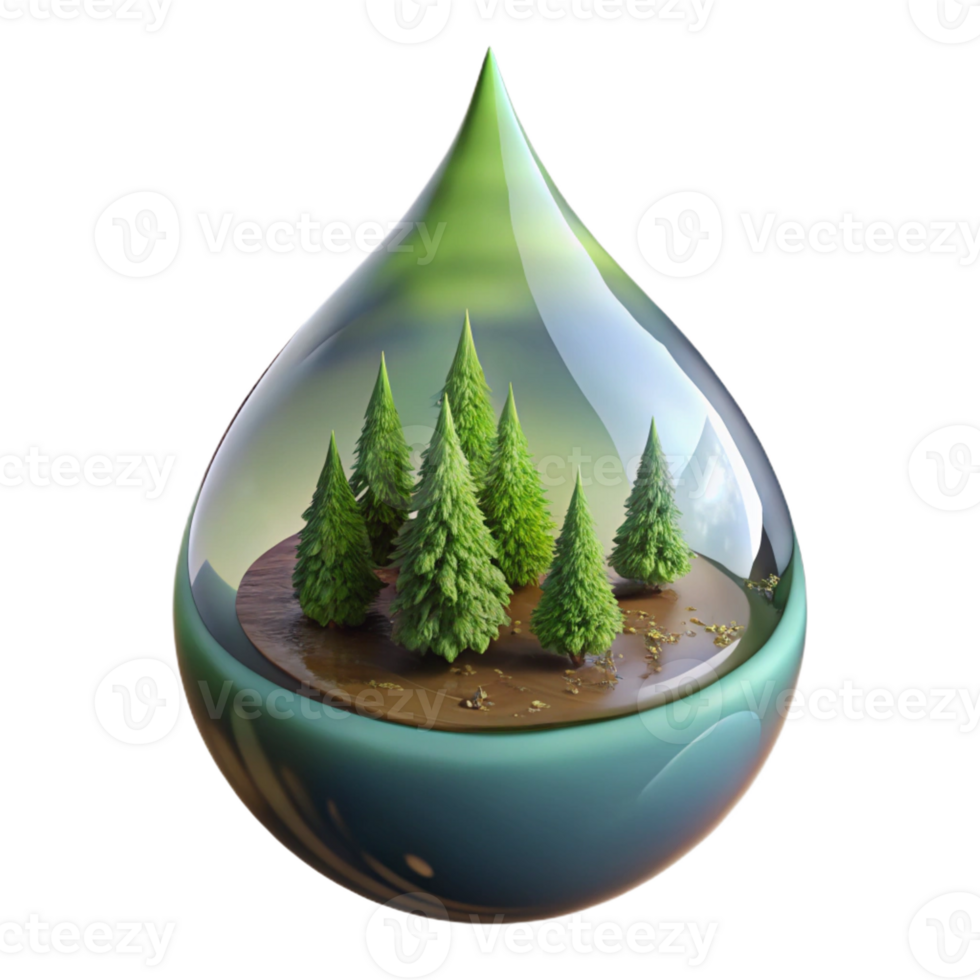 dramatic traditional A dewdrop reflecting a miniature forest scene, macro photography, spherical distortion, cool, muted colors authentic png