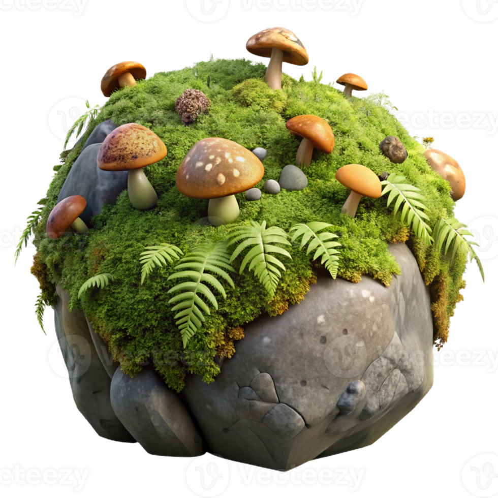 serene abstract A mossy rock covered in tiny ferns and mushrooms, intricate details, damp and earthy atmosphere, natural lighting high resolution png