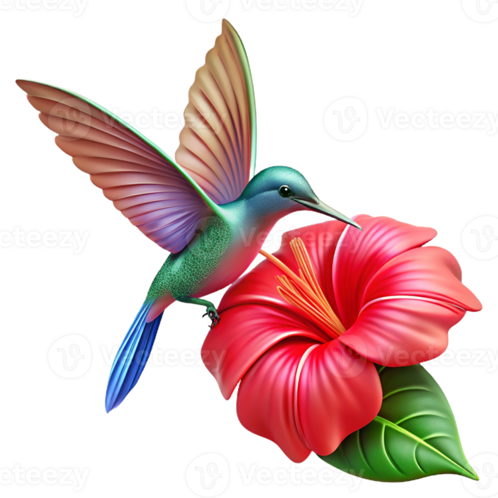 extraordinary artistic A vibrant hummingbird hovering near a bright red hibiscus flower, lit by dappled sunlight, illustrated in a detailed botanical illustration style detailed png