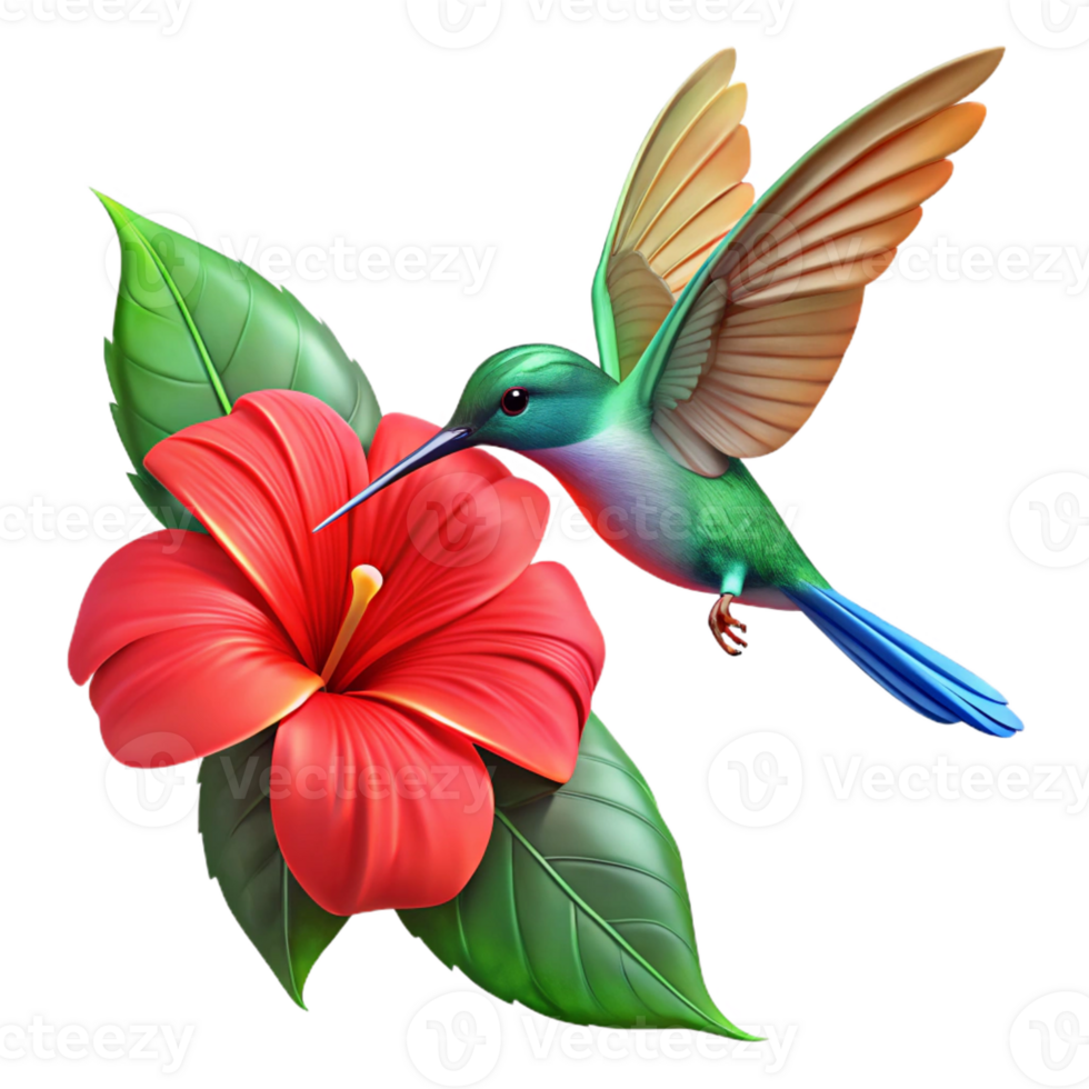 serene modern A vibrant hummingbird hovering near a bright red hibiscus flower, lit by dappled sunlight, illustrated in a detailed botanical illustration style professional png