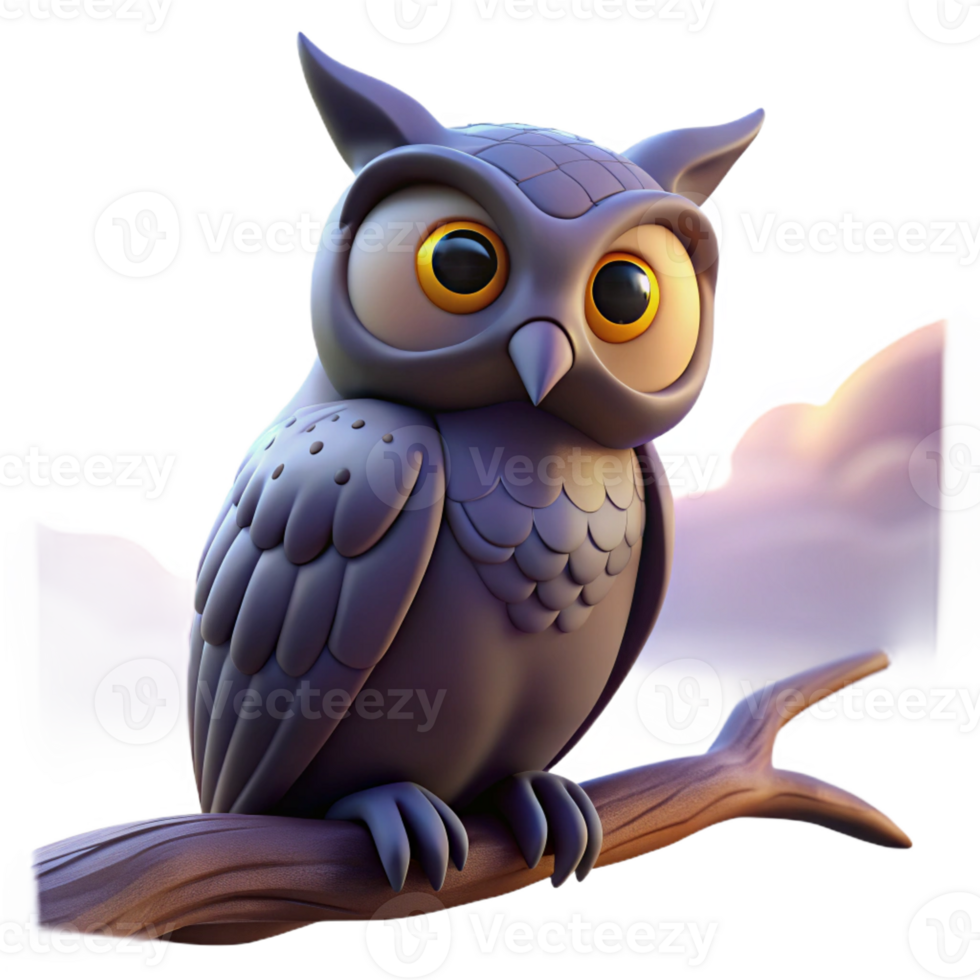 wonderful classic A wise old owl perched on an ancient oak branch, silhouetted against a twilight sky, rendered in a mystical, dreamlike style high resolution png
