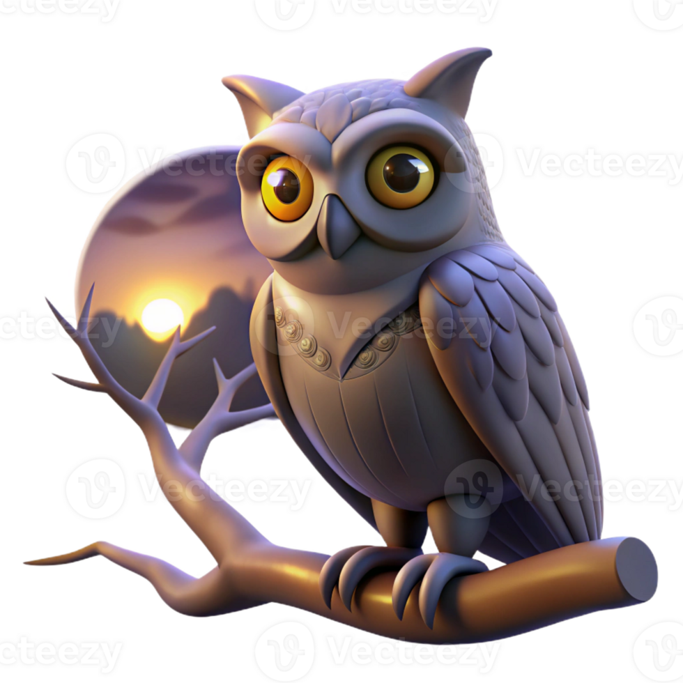 beautiful vintage A wise old owl perched on an ancient oak branch, silhouetted against a twilight sky, rendered in a mystical, dreamlike style genuine png