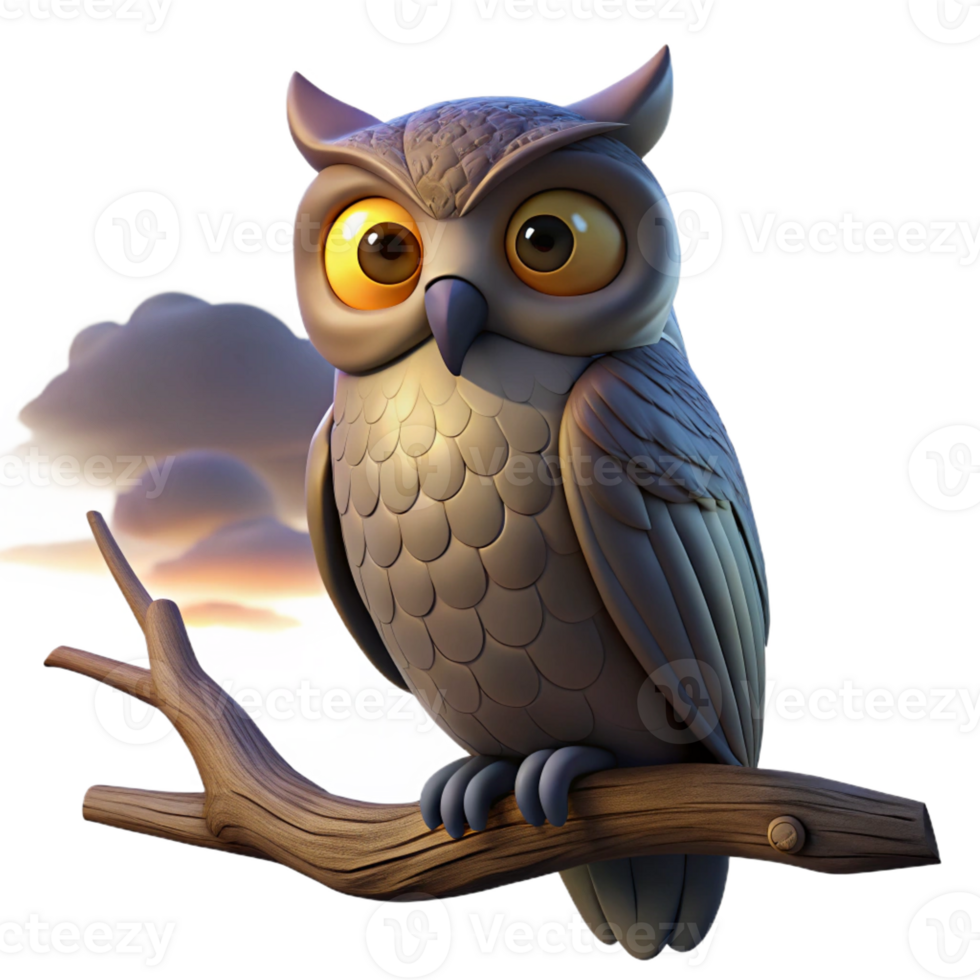extraordinary traditional A wise old owl perched on an ancient oak branch, silhouetted against a twilight sky, rendered in a mystical, dreamlike style 4K png