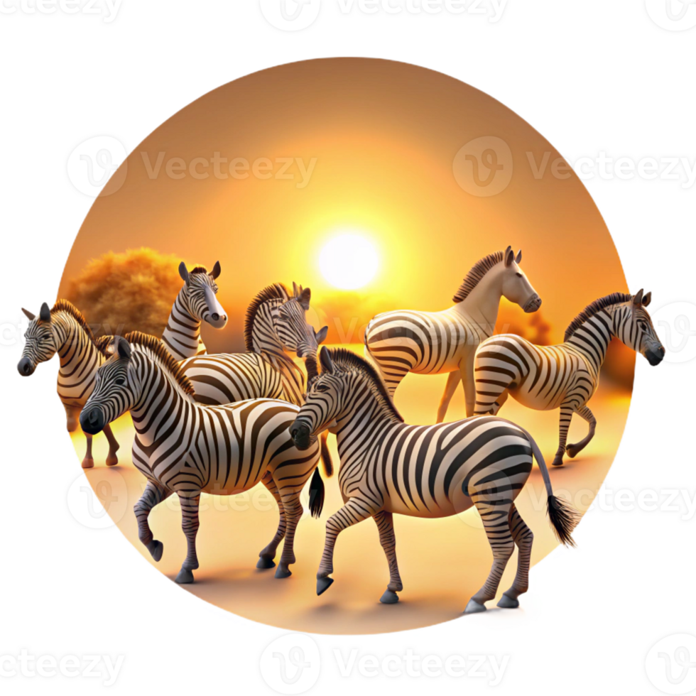 vibrant abstract A herd of zebras migrating across the African savanna, bathed in the golden light of sunset, illustrated in a classic, wildlife documentary style detailed png